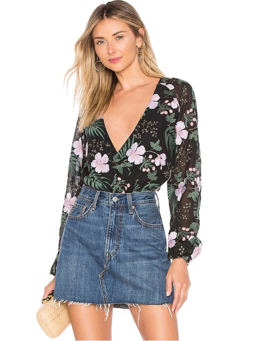 Lovers + Friends Laya Floral Embroidered Bodysuit Black Pink Long Sleeve L